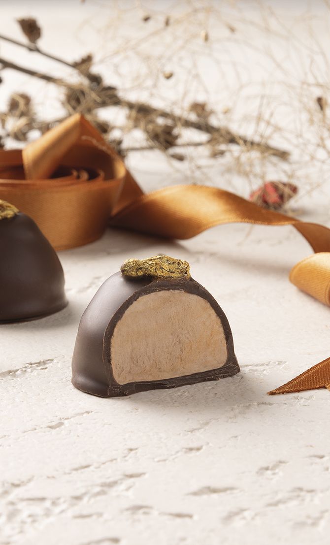 Due barrette di cioccolato con pistacchi e decorazioni dorate, tra ghiande e bacche su sfondo chiaro.